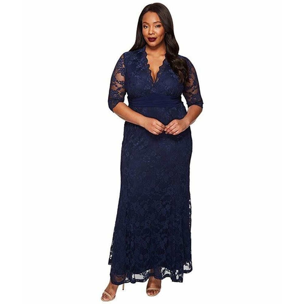 Kiyonna Dress 1X Maxi Navy Blue Screen Siren Style Formal Gown Lined Party Prom